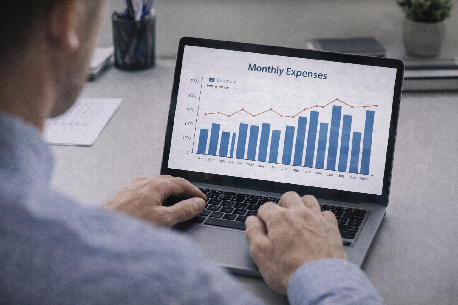 노트북으로 월별 지출 그래프를 확인하는 사무실 장면