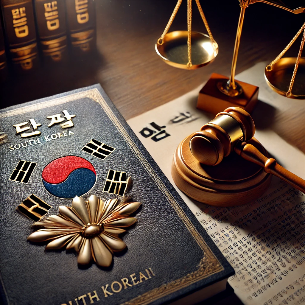 헌법책과 판사봉, 정의의 저울이 놓인 법정 분위기의 책상