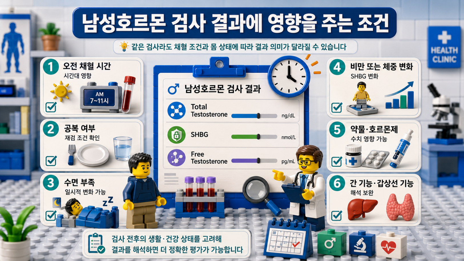 남성호르몬 검사 결과에 영향을 주는 채혈 조건과 생활·건강 상태 요인을 정리한 의료 인포그래픽