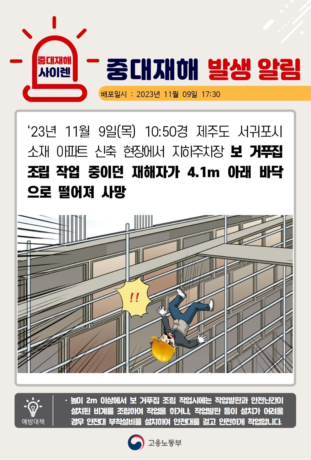 거푸집 조립 작업 중 떨어짐(4.1m)
