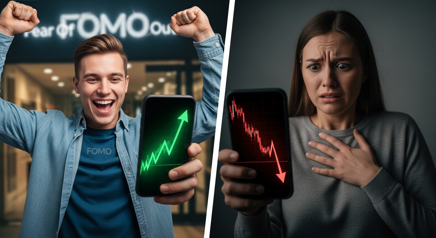 스마트폰으로 치솟는 주가 차트를 보며 환호하는 사람(FOMO)과 불안해하는 사람(공포)이 교차되는 모습