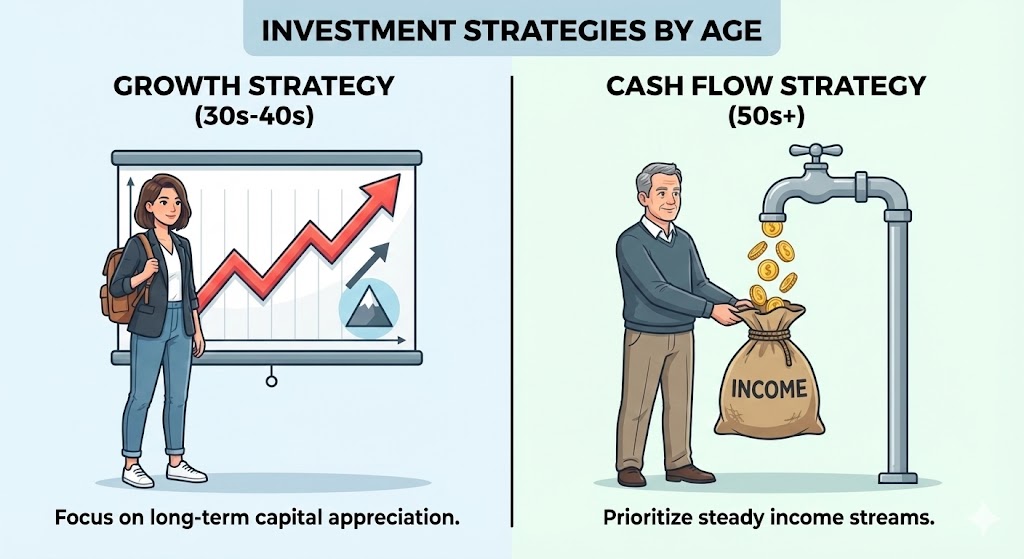 3040(성장 그래프)과 50대(배당금 주머니)의 서로 다른 투자 목표를 시각적으로 비교한 인포그래픽