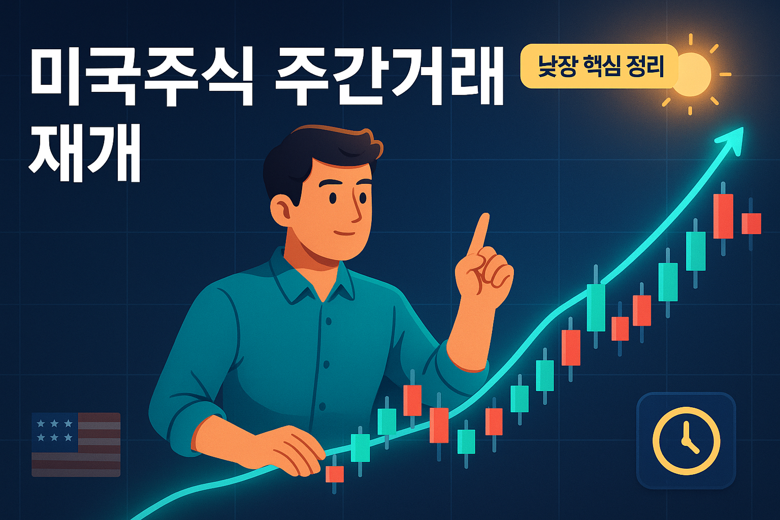 상승하는 미국 주식 차트를 바라보는 남성의 모습, 다크 네이비 배경의 세미플랫 일러스트