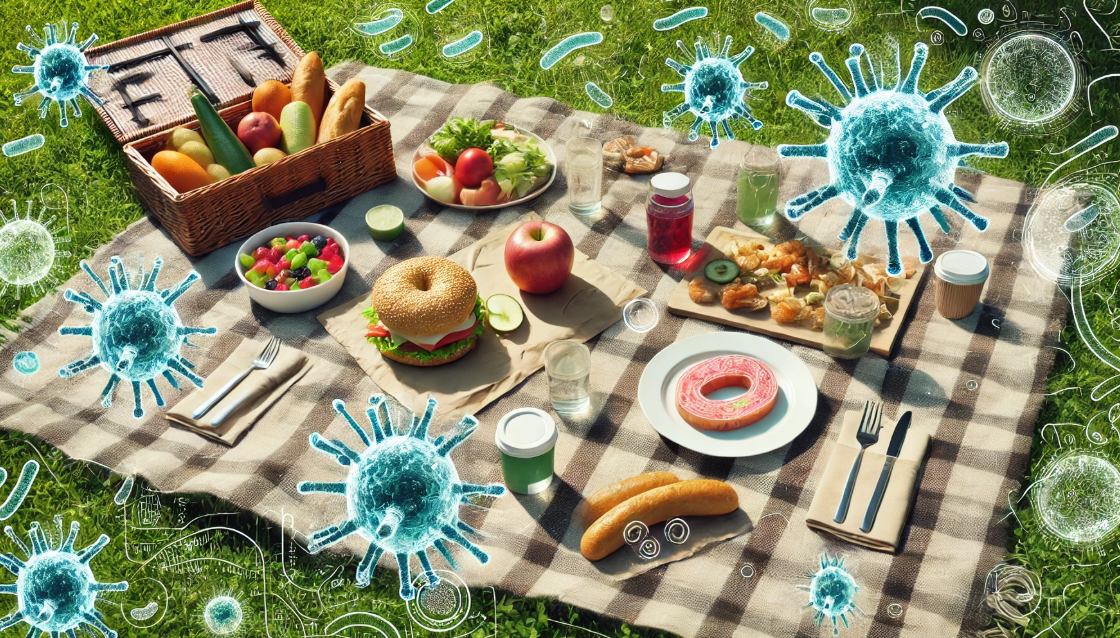 야외 음식에 바이러스 미생물들이 가득한 사진