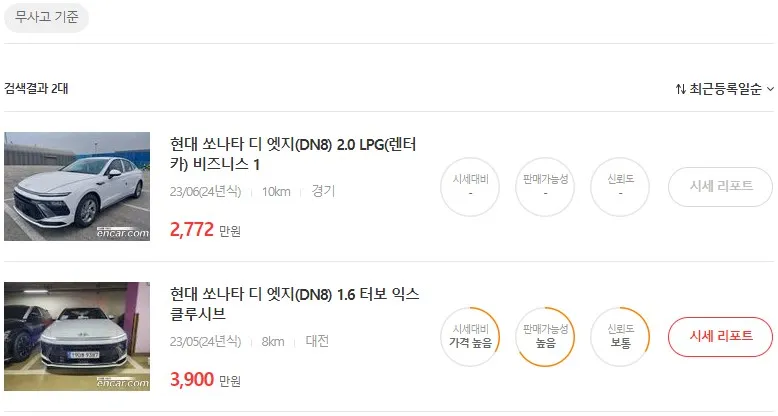 소나타 중고차 가격, 시세표