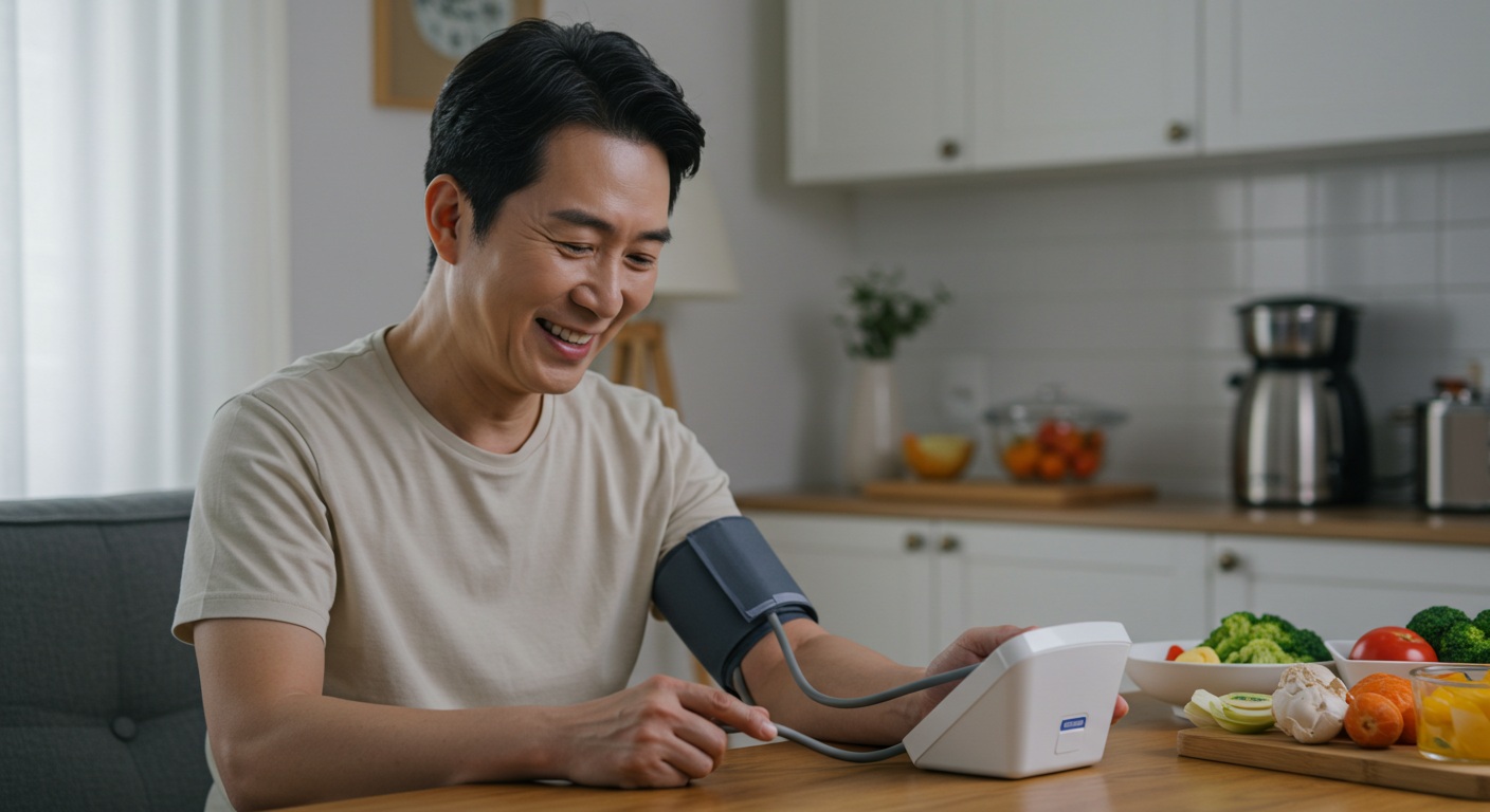 혈압이 정상으로 돌아오는 모습을 보며 기뻐하는 중년 한국인의 모습