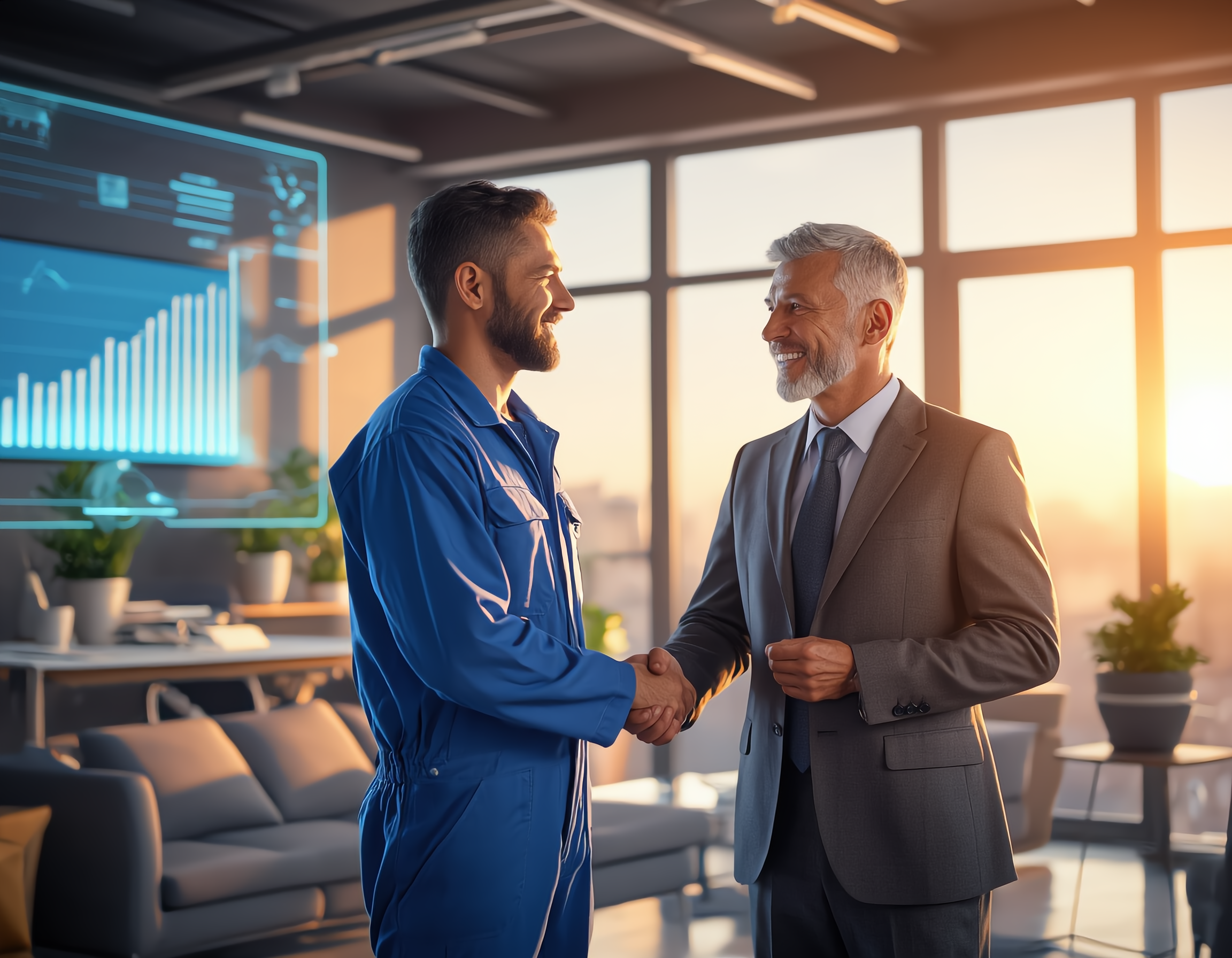 A middle-aged laborer in a crisp blue uniform shakes hands warmly with a corporate executive in a tailored gray suit, standing side by side in a sunlit modern office. Golden-hour light streams through floor-to-ceiling windows, illuminating potted plants and a rising growth chart in the background. Their confident smiles and firm handshake radiate mutual respect, surrounded by abstract holographic symbols of teamwork and innovation.