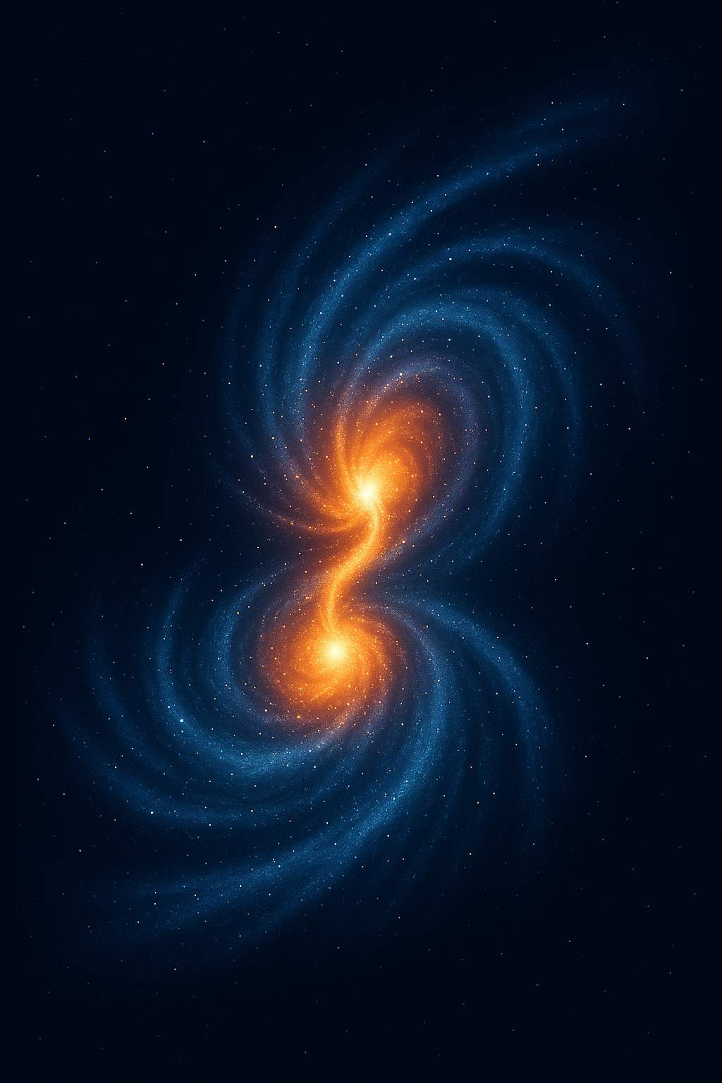 두 개의 나선 은하가 충돌하며 병합되는 과정을 보여주는 디지털 일러스트로, 중력에 의해 왜곡된 팔 구조와 별 형성 지역이 빛나는 모습
