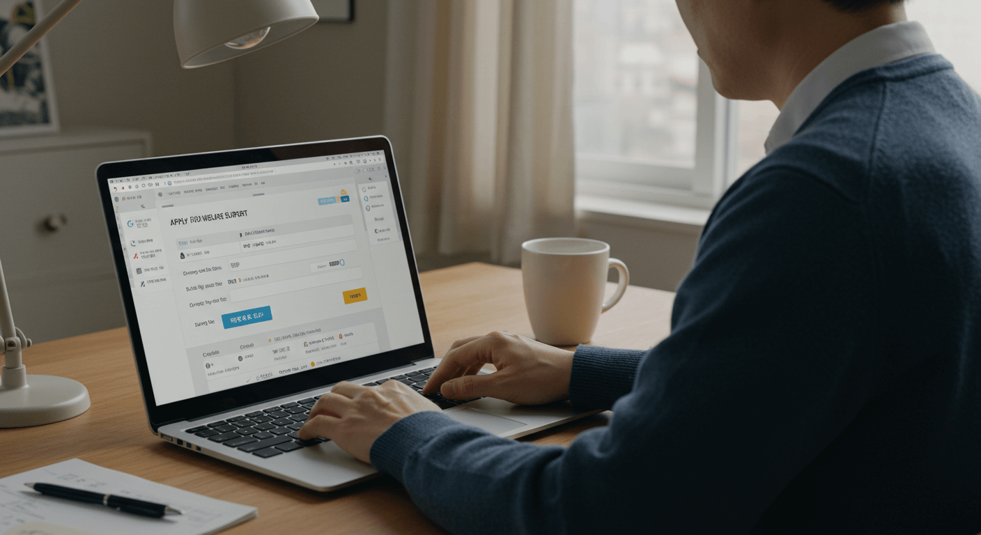 노트북에 휴대론에 생활지원금 신청서를 작성하는 장면