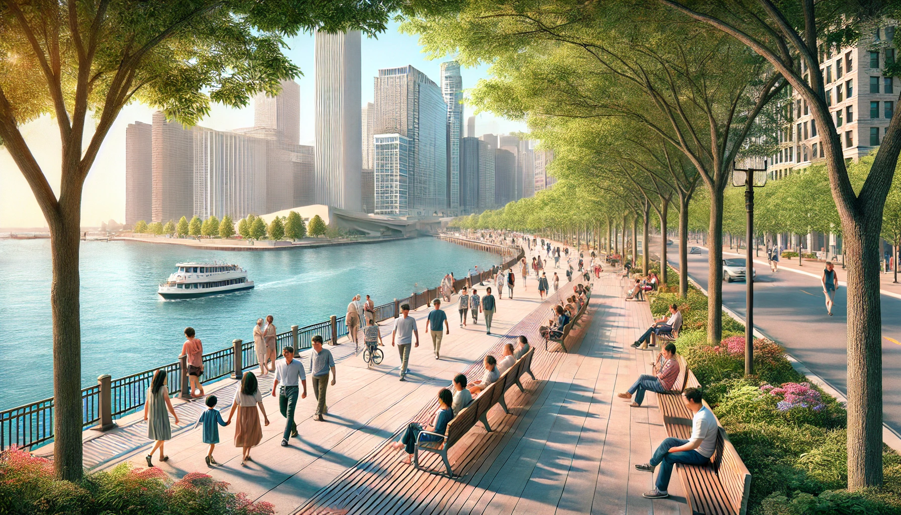 시카고 리버워크와 미시간호 산책로, 공원 벤치에서 풍경을 즐기는 사람들