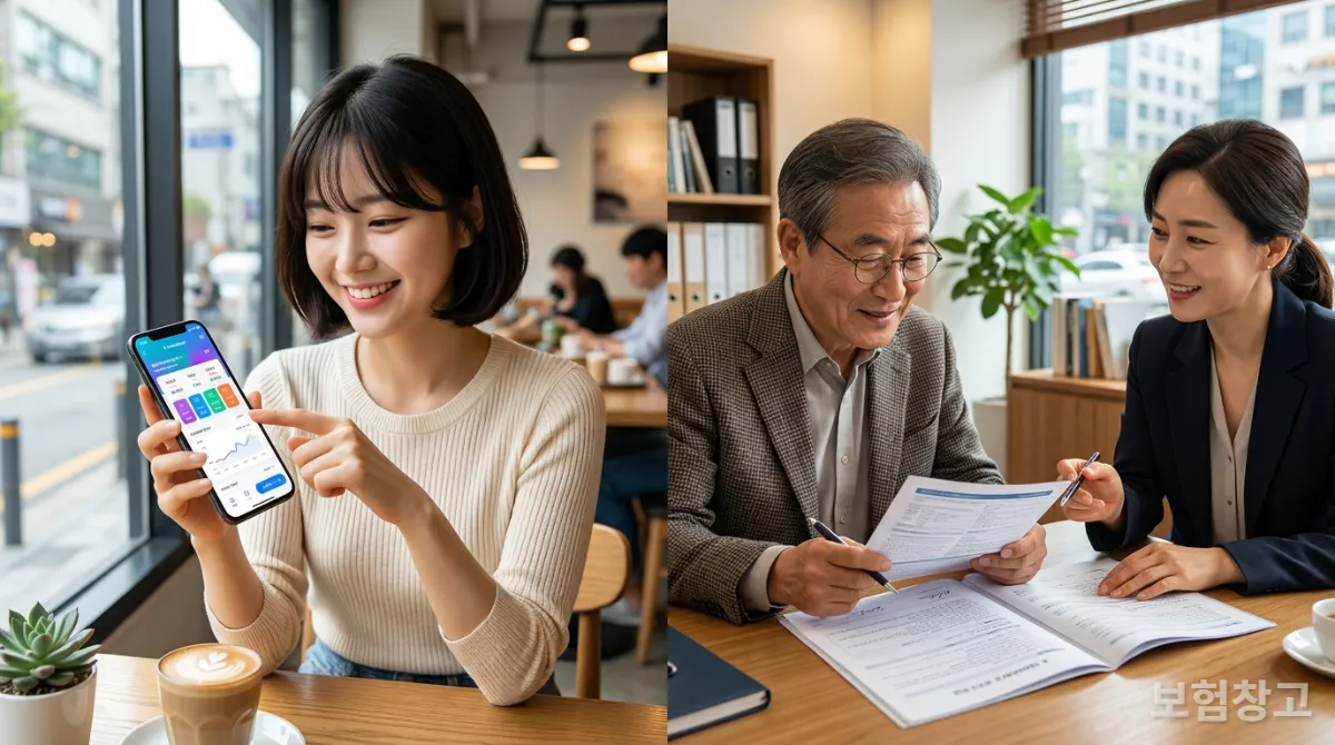 온라인 보험 가입과 설계사 보험 상담을 대비하는 이미지