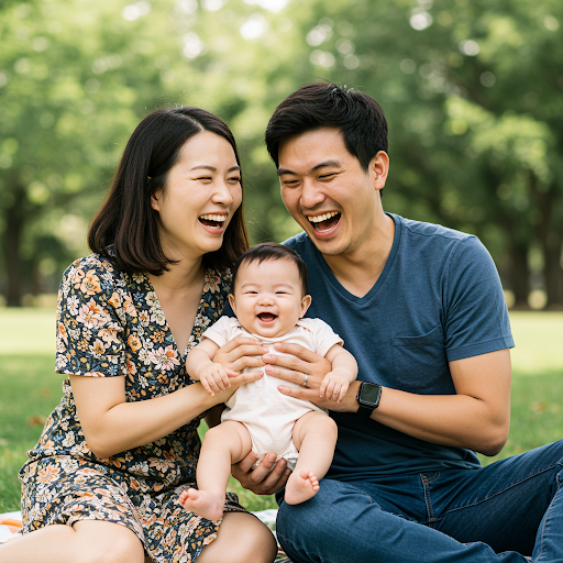 아기와 함께 웃는 젊은 부부