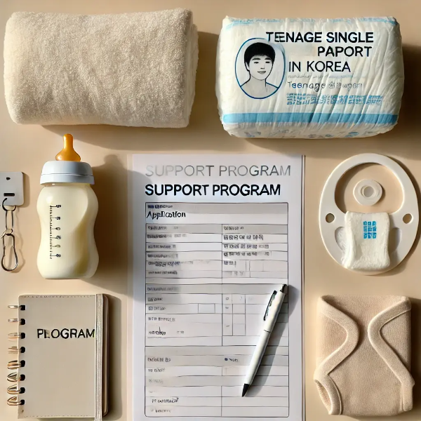 기저귀, 신청서, 수첩 등 청소년 한부모 지원 물품이 정돈된 스튜디오 컷