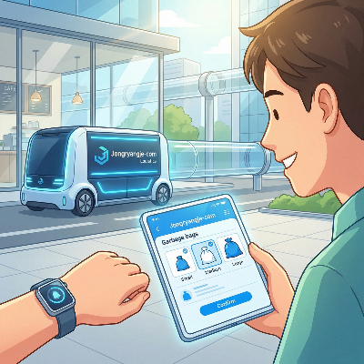 종량제닷컴 스마트폰 앱을 통해 다양한 규격의 종량제 봉투를 온라인으로 주문하는 사용자의 모습. 화면에는 직관적인 UI와 장바구니 결제창이 보이며, 배경에는 신속한 배송을 상징하는 물류 차량과 깨끗한 도시 이미지가 조화롭게 배치된 8k 고해상도 일러스트레이션.