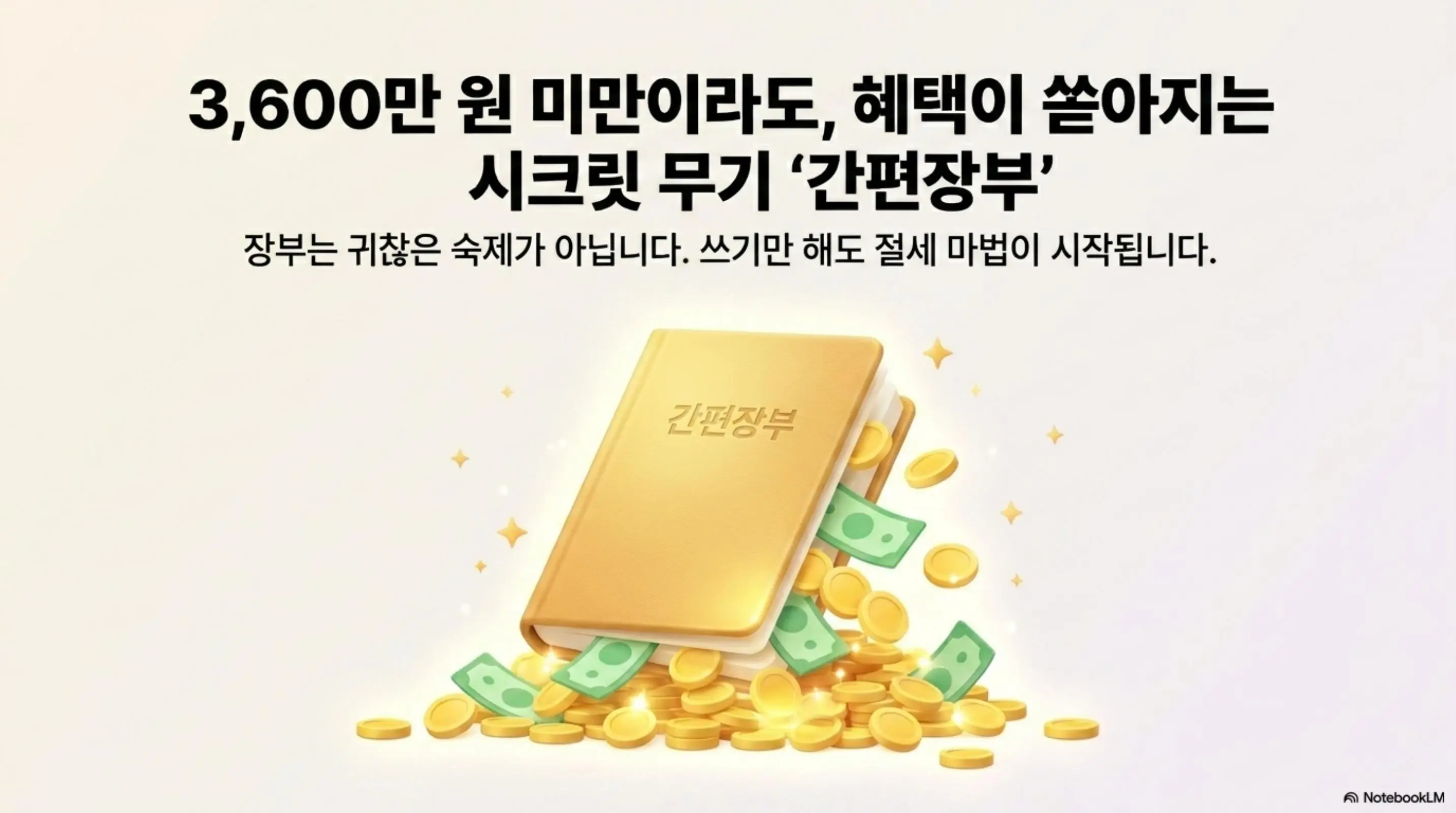 대리기사 종합소득세 업종코드: 수입 3600만 원 미만 대리기사도 간편장부를 쓰면 절세 혜택이 있음을 보여주는 인포그래픽. 금색 간편장부 책 주위로 금화와 지폐가 쏟아지는 일러스트와 함께 '장부는 귀찮은 숙제가 아닙니다 쓰기만 해도 절세 마법이 시작됩니다'라는 문구가 포함된 이미지