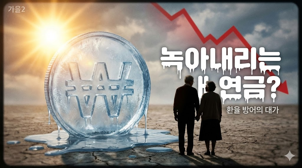 환율 방어 정책으로 인해 국민연금 가치가 훼손될 수 있음을 은유적으로 표현한 녹는 동전 일러스트