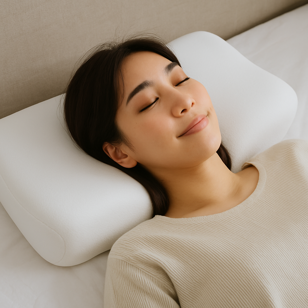 비브아 수면 마사지 베개를 사용하는 여성의 편안한 실사 이미지