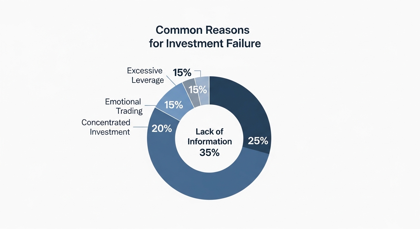 2026년 초보 투자자의 주요 실패 원인을 보여주는 원형 차트. 정보 부족, 단기 투자, 몰빵 투자, 감정적 매매, 과도한 레버리지가 각 비중과 함께 표시되어 있음.