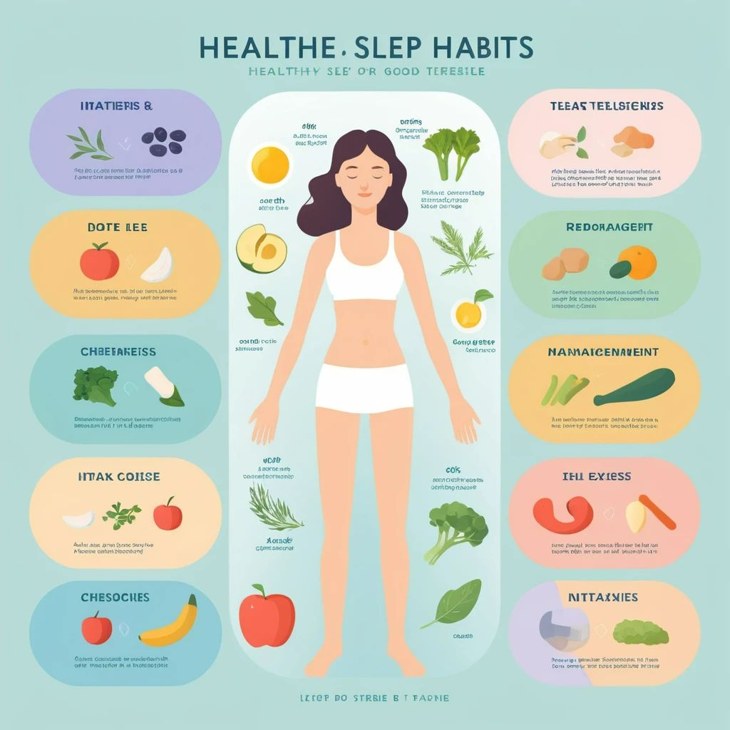 강한 수면습관을 위한 인포그래픽. 신체 주변에 음식&amp;#44; 운동&amp;#44; 생활습관 등 다양한 요소가 일러스트로 설명됨