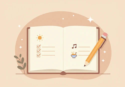 부드러운 색감의 플랫 디자인으로 작은 긍정 아이콘이 그려진 감사 노트를 표현한 감사 일기 시작 일러스트레이션