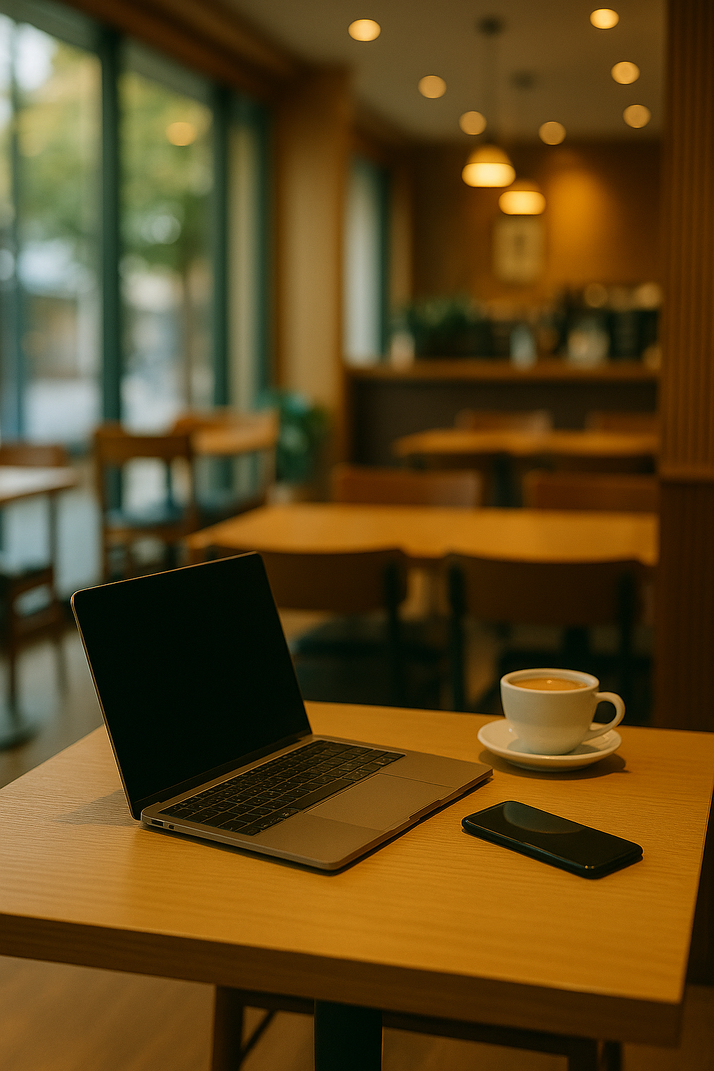 An unattended laptop, smartphone, and cup of coffee sit neatly on a wooden table in a quiet Seoul caf&eacute;, symbolizing the everyday trust culture where people confidently leave their belongings behind.