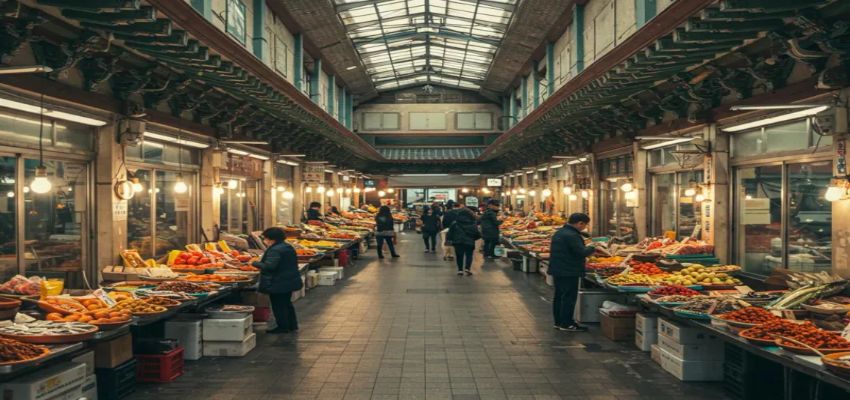 전통 재래시장의 모습. 양쪽 가판대에는 과일, 채소, 생선 등이 진열되어 있고, 시장을 오가는 상인과 손님들이 바쁘게 움직이고 있는 모습.