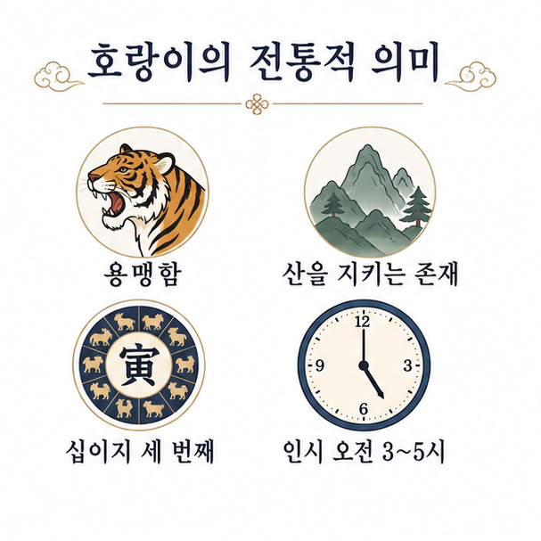 용맹함, 산을 지키는 존재, 십이지 세 번째, 인시 오전 3시부터 5시를 보여주는 호랑이의 전통적 의미