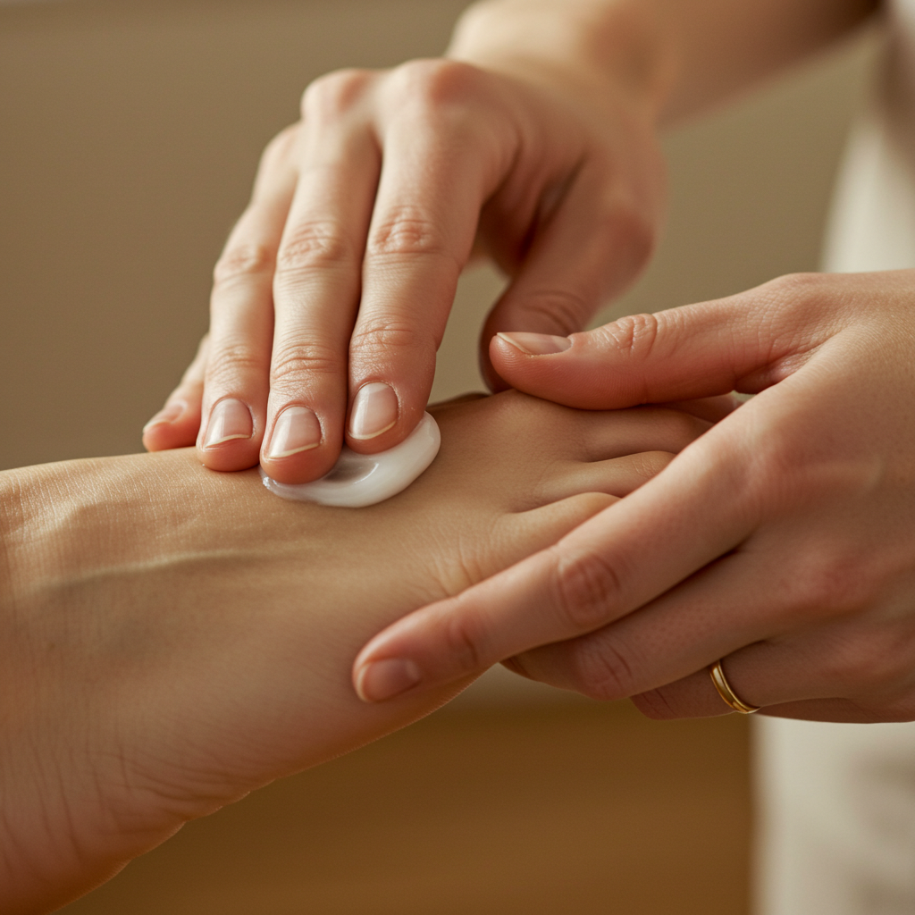 깨끗하고 건조한 발등에 보습 로션을 부드럽게 바르는 손. 당뇨발 자가 관리 중 보습 단계를 보여줌.