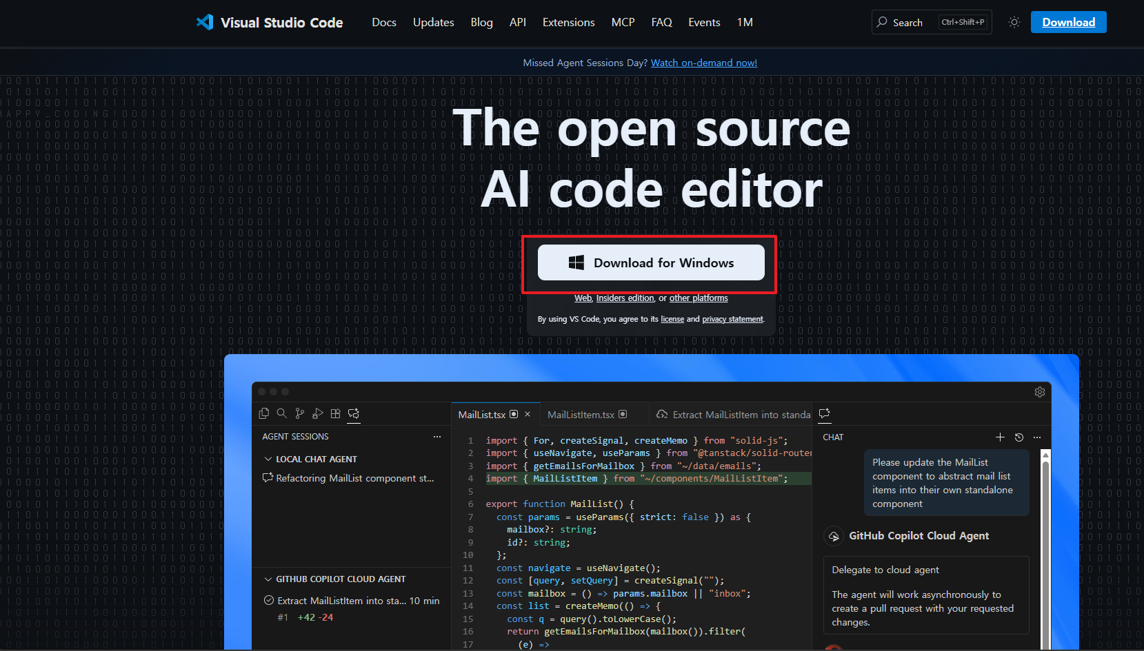 VS Code 공식 사이트에서 Windows 설치 파일을 다운로드하는 화면