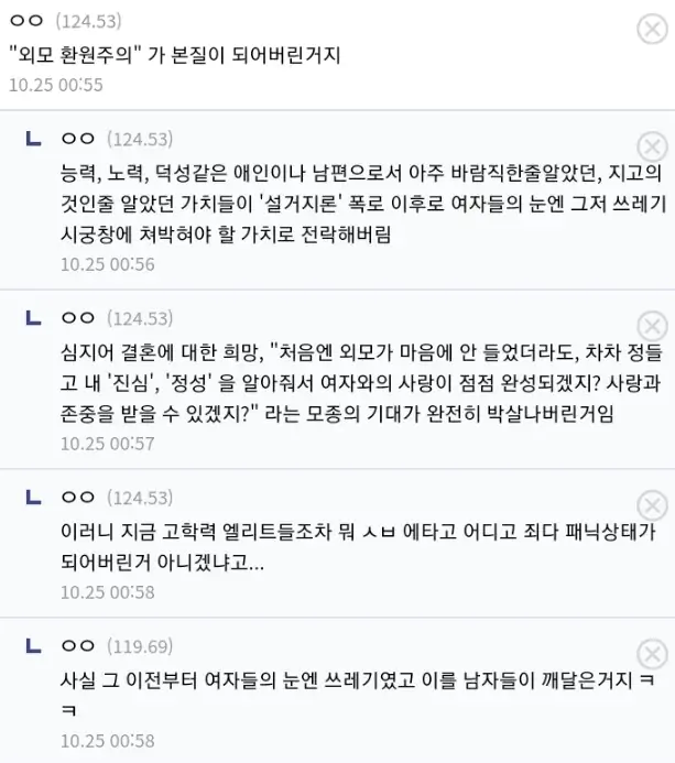 설거지론 주갤 분석 외모환원주의