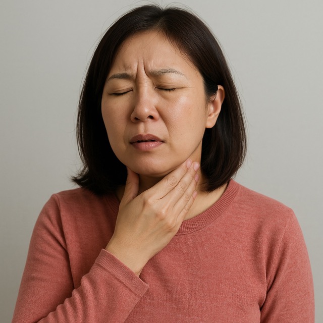 따뜻한 물을 먹기 전, 목이 아파 손으로 목젖 부위를 감싸는 여성