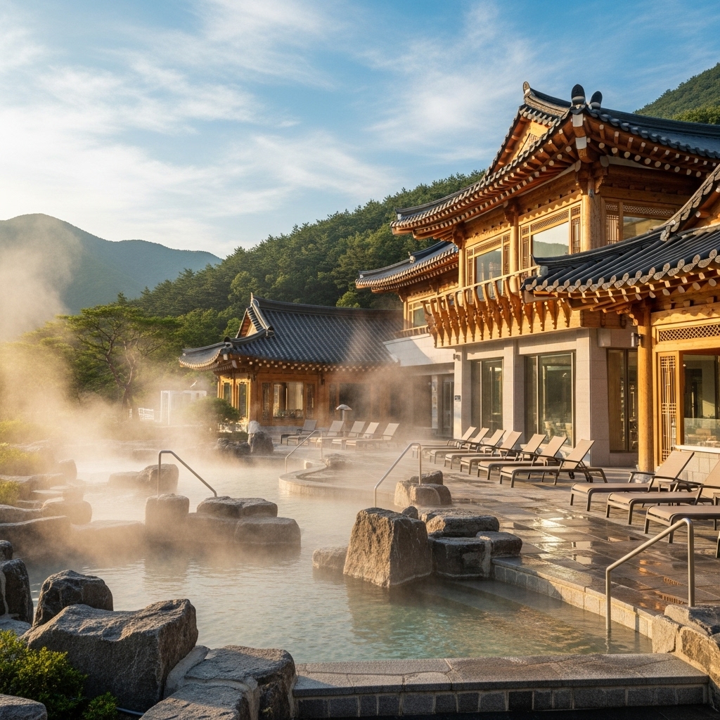 설악산 자락에 자리한 척산온천의 평화로운 풍경. 따뜻한 온천수가 뿜어내는 김이 피어오르는 야외 온천탕과 주변의 푸른 산이 어우러져 편안하고 치유적인 분위기를 연출한다.