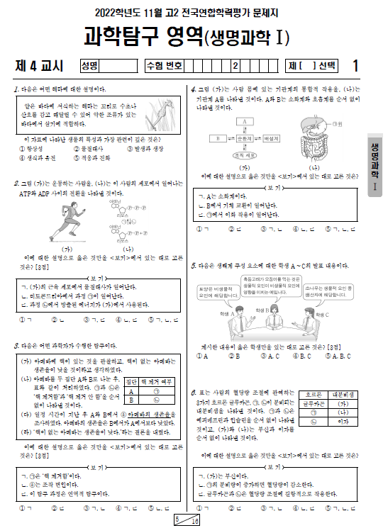 2022-11월-고2-모의고사-생명과학 1-기출문제-다운