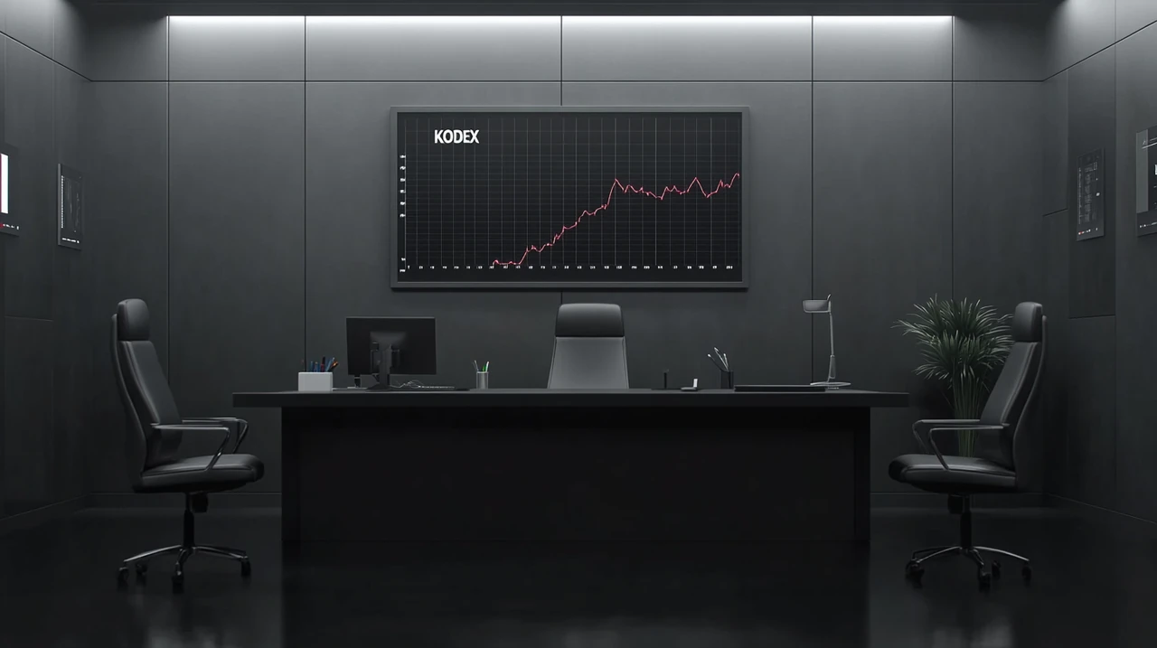 KODEX ETF를 활용한 장기적 투자 성과를 예측하는 도표, 전략적 통찰력과 안정성을 나타내는 현대적인 그래픽으로 구성되어 있다.
