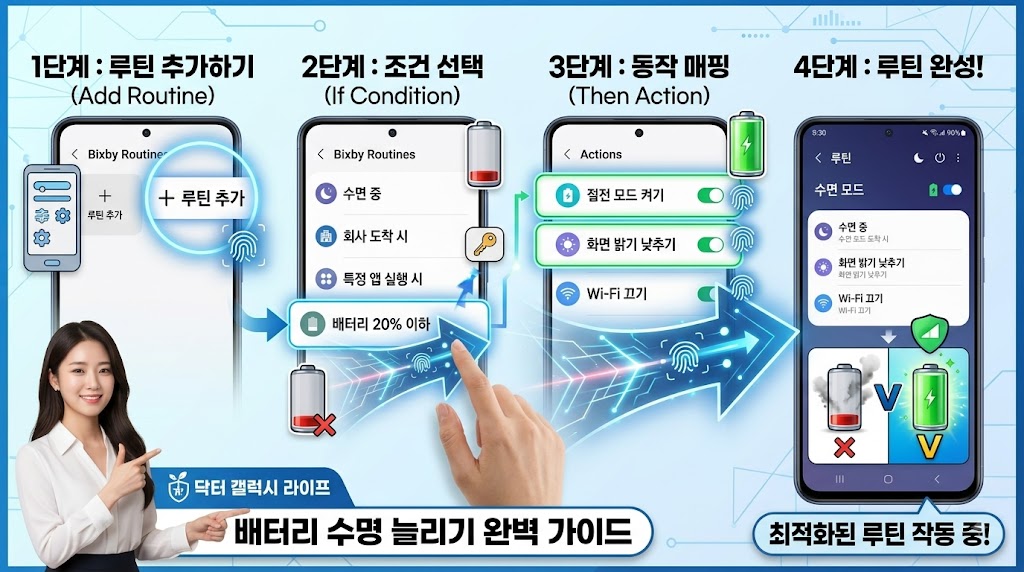 갤럭시 모드 및 루틴 메뉴에서 신규 루틴 생성 및 조건 동작 지정 화면
