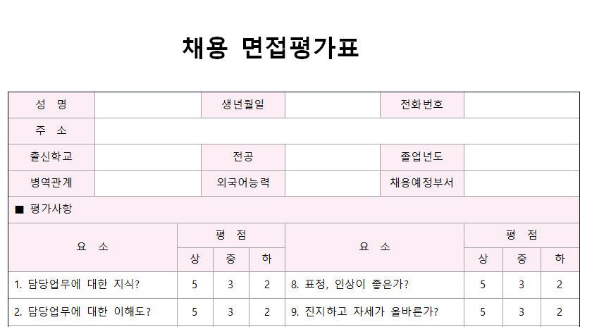 채용면접평가표-이미지