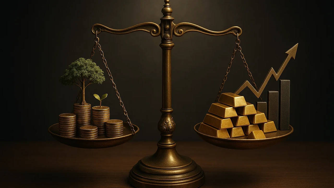 적립식과 거치식 투자를 비교하는 인포그래픽 - 저울 양쪽에 각 투자 방식의 특징을 시각화