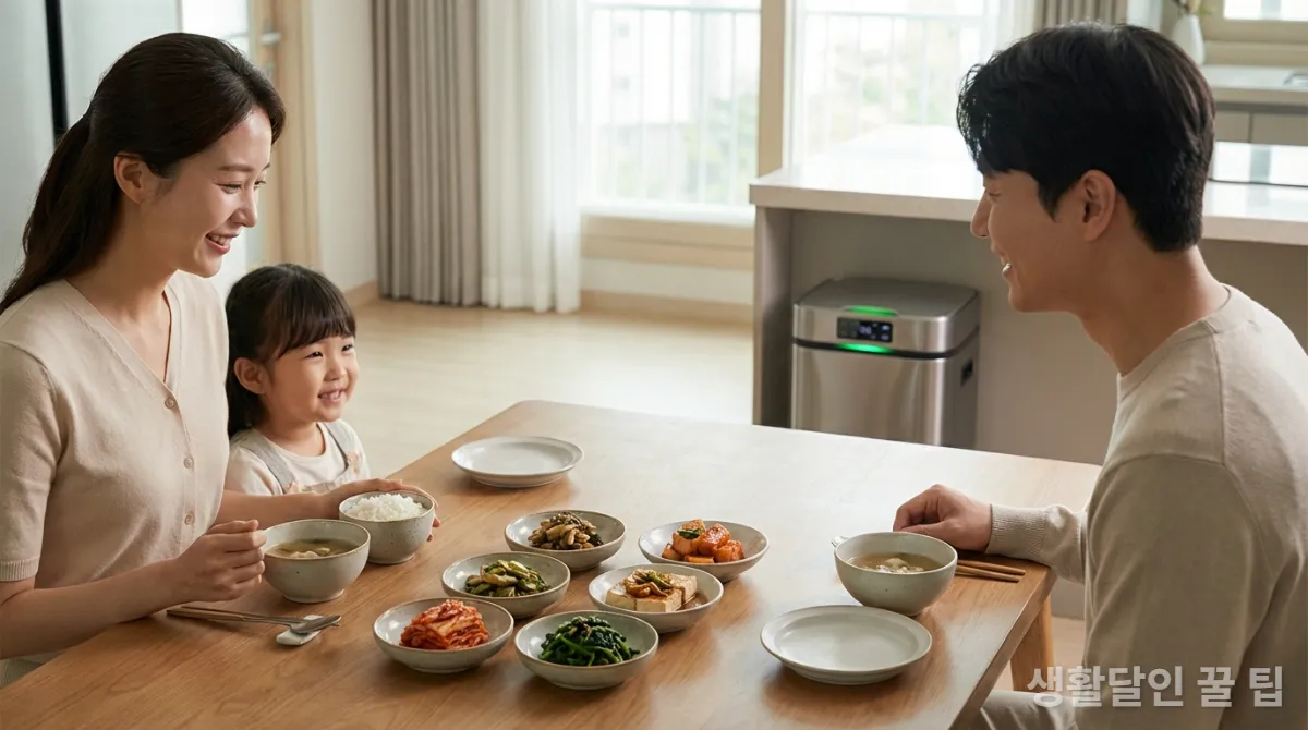 음식물 쓰레기 없이 식사를 마친 한국 가족의 식탁과 스마트 음식물 쓰레기통