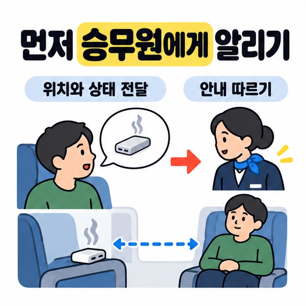 승객이 배터리의 위치와 상태를 승무원에게 전달하고 안내에 따라 연기 나는 배터리에서 거리를 두는 과정을 보여준 그림.
