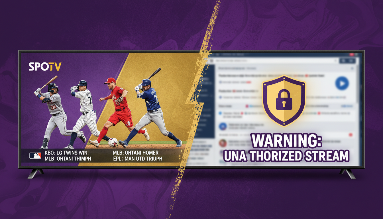 스포티비의 해외 스포츠 중계와 불법 스트리밍 경고가 대비되는 이미지