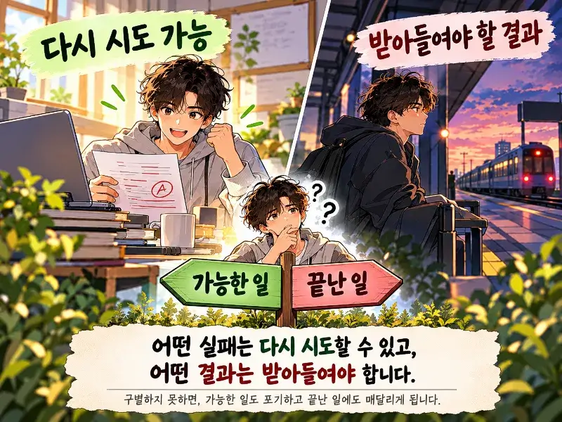 Anime-style illustration showing the difference between failures that can be retried and results that must be accepted, with a visual choice between possible actions and finished outcomes