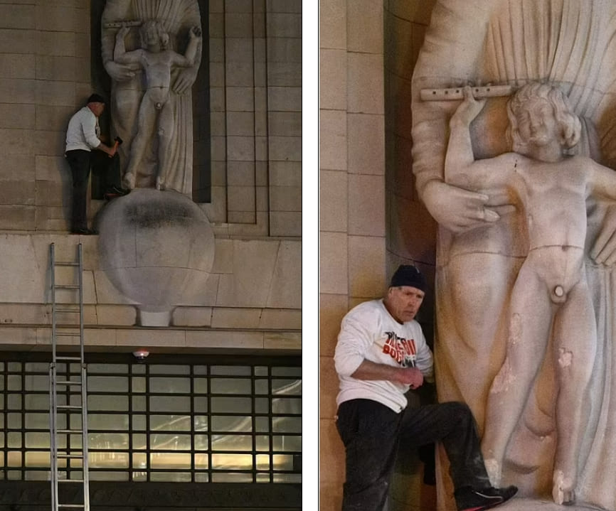 소아성애자 조각가의 치욕 VIDEO: Man scales BBC Broadcasting House and spends four hours destroying sculpture by paedophile artist Eric Gill