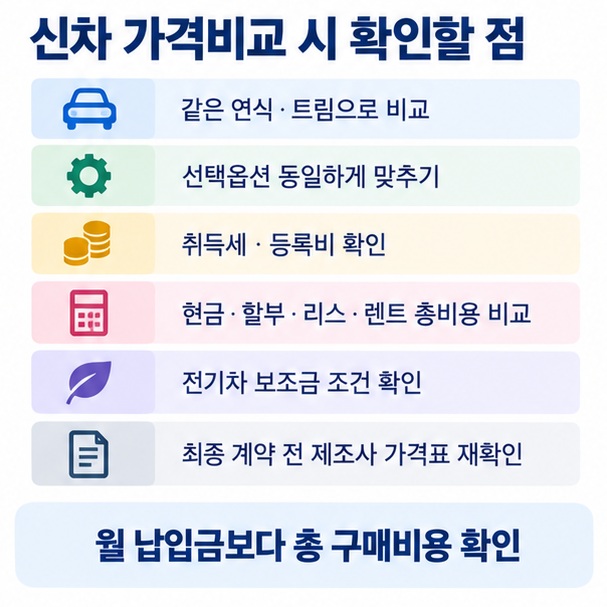 신차 가격비교에서 동일 트림 옵션 취득세 등록비 할인조건 할부 리스 렌트 총비용을 확인하는 방법을 정리한 이미지