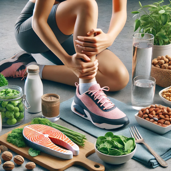 관절 보호를 위한 건강한 생활 습관&mdash;운동 전 스트레칭을 하는 사람과 오메가-3가 풍부한 식단