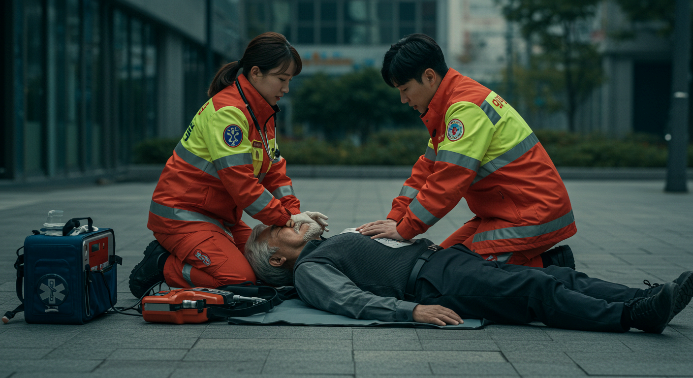 바닥에 쓰러진 중년 남성 두명의 구급대원 심폐소생술 응급처치 기구들