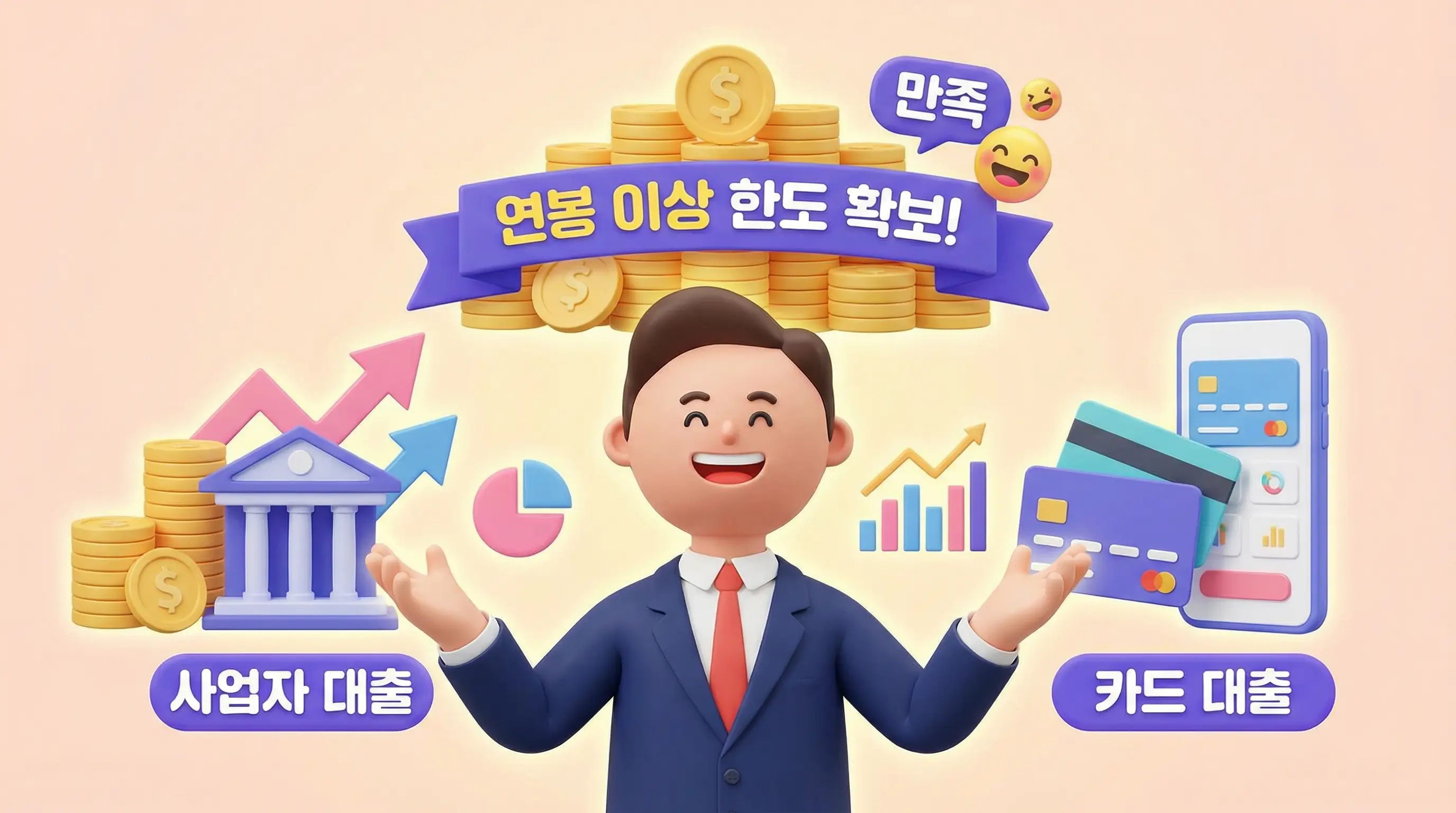 사업자 대출과 카드 대출을 통해 연봉 이상의 한도를 확보하고 만족해하는 3D 인포그래픽