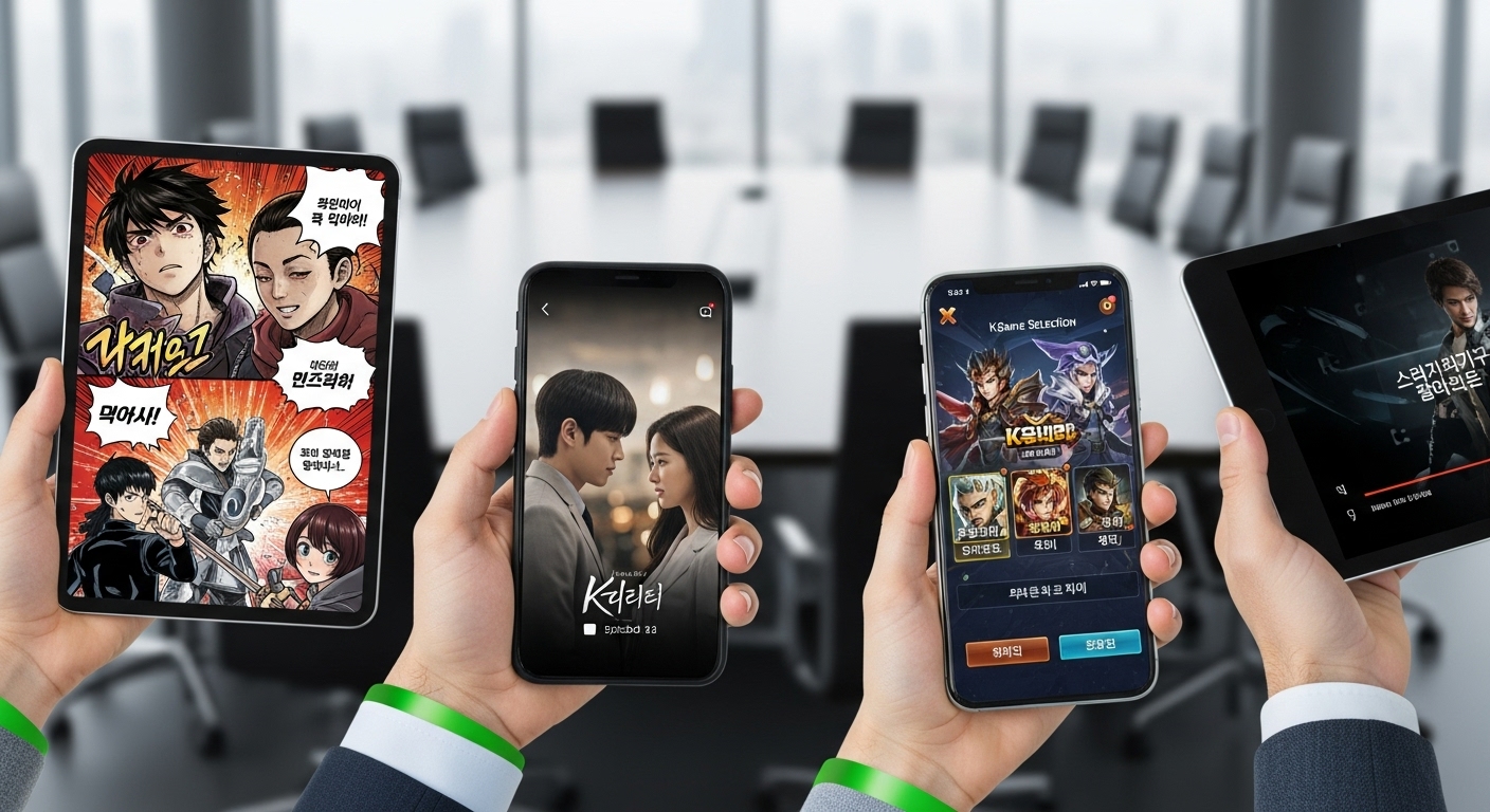 K-콘텐츠 기업과 북미 투자자들이 다양한 디지털 콘텐츠를 함께 보며 협력하는 모습. 웹툰, 드라마, 게임 등 다채로운 K-콘텐츠의 성공 요인을 상징합니다.