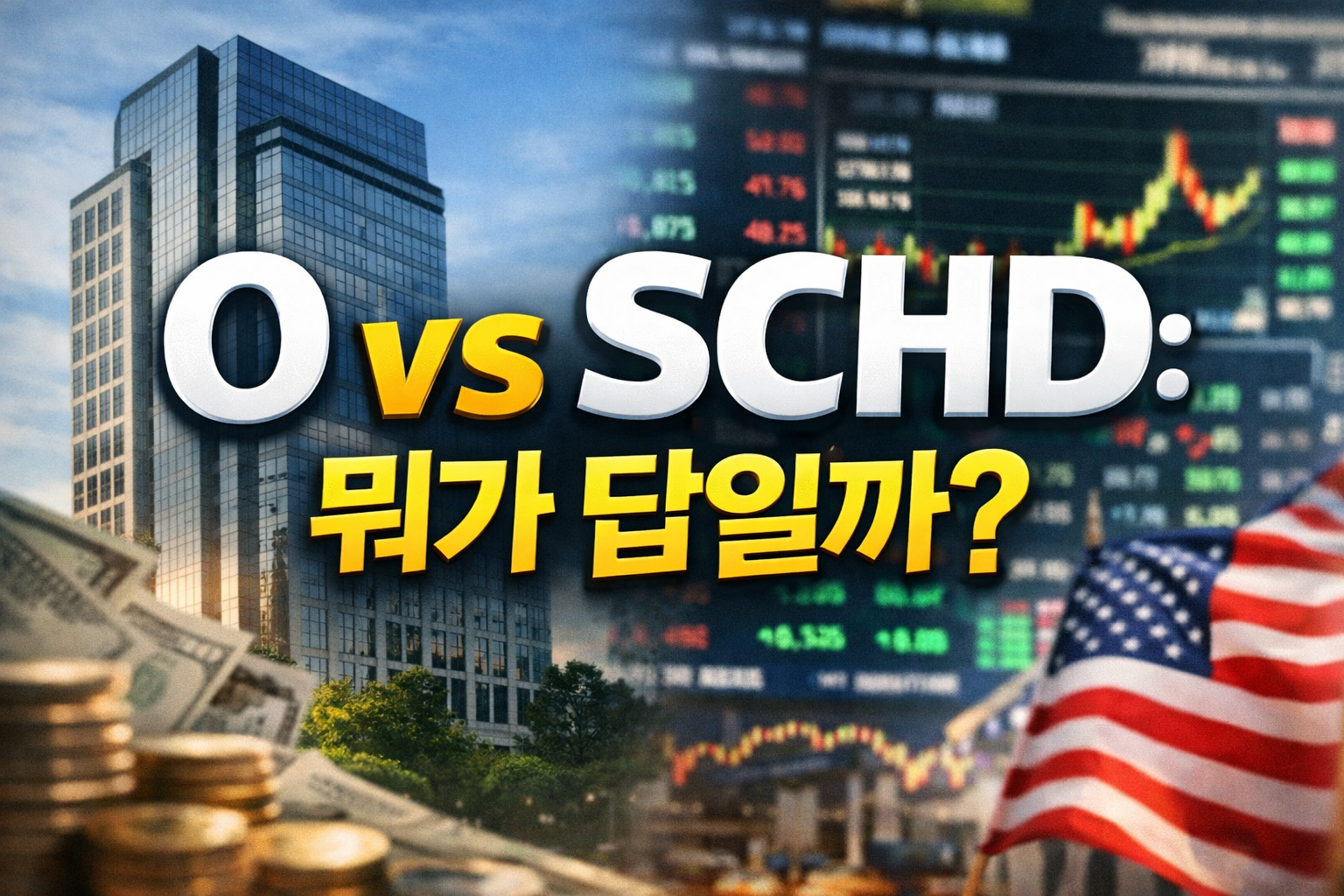 O vs SCHD 비교 썸네일, 리얼티인컴 월배당과 SCHD 배당 성장 ETF 차이를 실사 배경으로 표현한 이미지