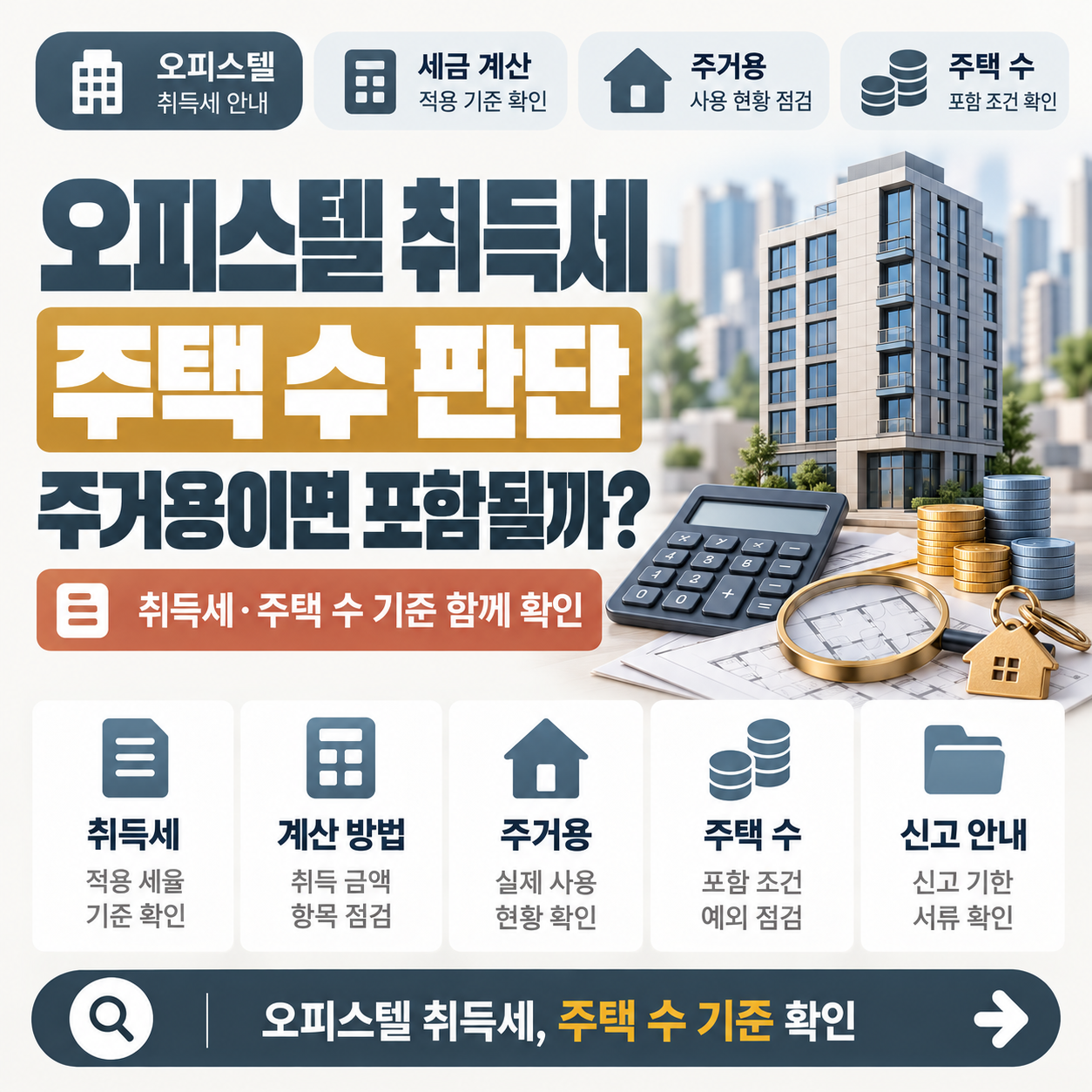 오피스텔 취득세율 4.6%와 주거용 오피스텔 주택 수 포함 기준을 설명하는 이미지