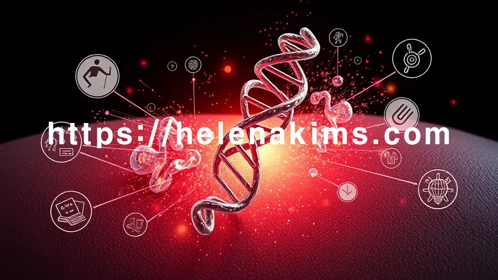 복잡하게 얽힌 DNA 나선이 중심에 있고, 그 주위로 스트레스, 감염, 외부 상처를 상징하는 아이콘들이 있는 이미지.